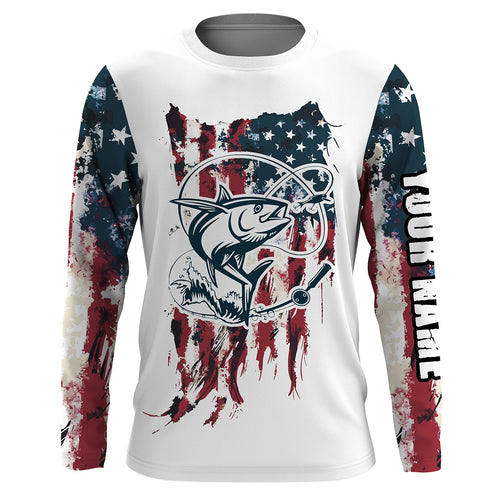 Tuna Fishing American Flag Patriotic Custom Name UV Protection Long Sleeve Shirt, Performance Shirt - FSD2469