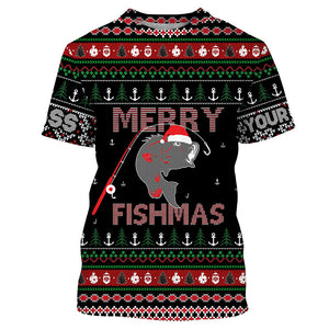 Ugly Fishing Christmas Largemouth Bass Merry Fishmas Custom Name Shirts, Christmas Gift for Fisherman FSD3638