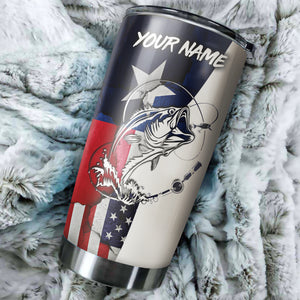 1pc Bass Fishing TX and USA flag Custom Name Stainless Steel Fishing Tumbler Cup - Patriotic Fishing Gifts FSD3195