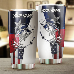 1pc Bass Fishing TX and USA flag Custom Name Stainless Steel Fishing Tumbler Cup - Patriotic Fishing Gifts FSD3195