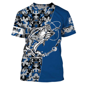 Bass Tattoo camo Blue Bass Fishing Custom Name UV Protection Shirts, Bass Fishing Tournament Clothing - FSD2984