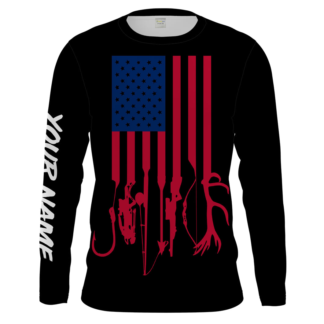 Hunting and Fishing American flag Custom Name Lightweight Long sleeve , T shirts Hunting Fishing flag Patriotic Gifts FSD2130