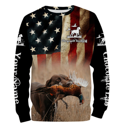 Pheasant Hunting with Chocolate Labrador American flag All over printed Shirts, Lab hunting shirt FSD3560