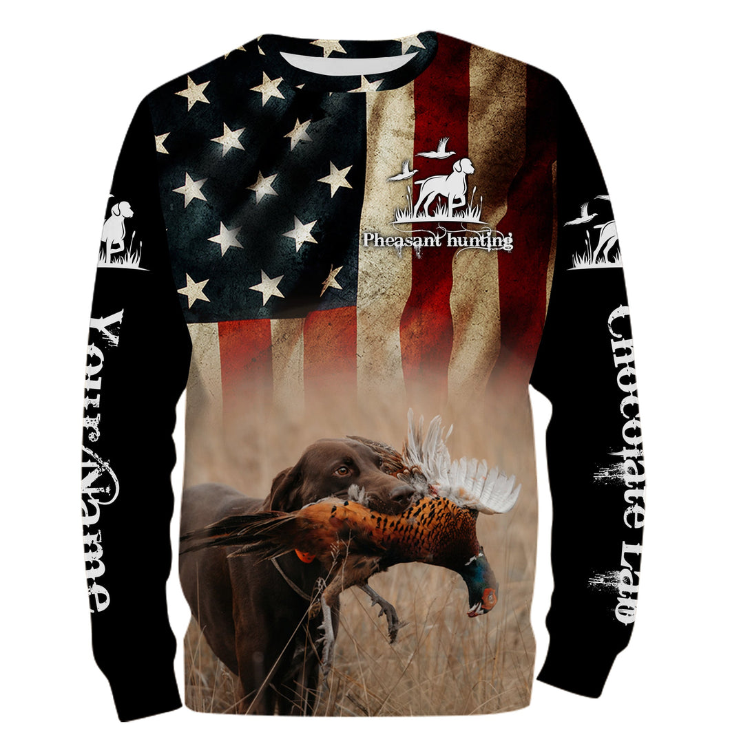 Pheasant Hunting with Chocolate Labrador American flag All over printed Shirts, Lab hunting shirt FSD3560