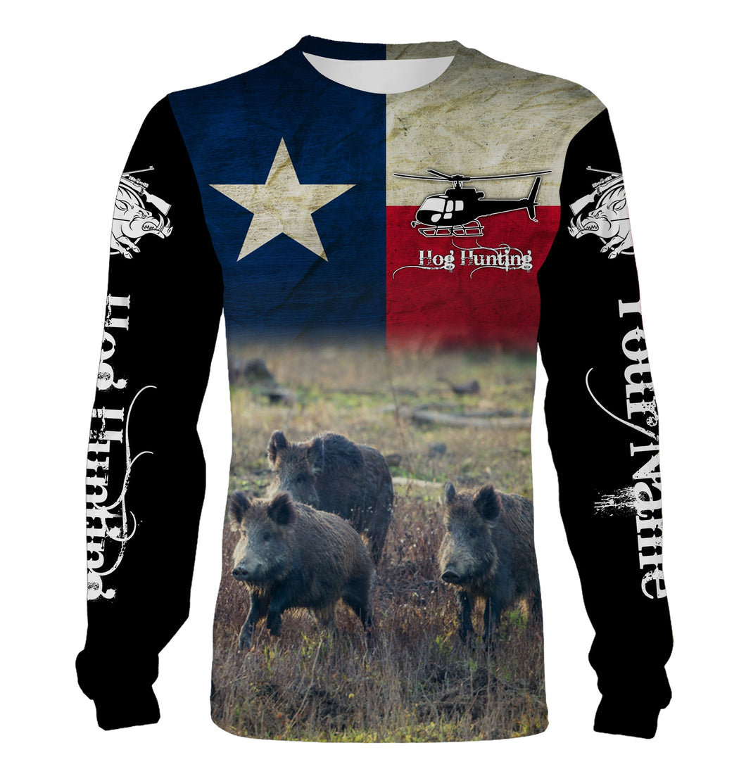 Helicopter Hog Hunting Texas Flag Custom Name 3D All over printed Shirts, Personalized Hunting Gifts FSD3067