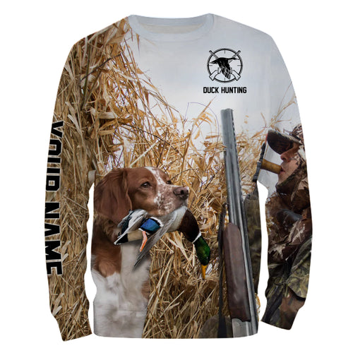 Waterfowl Duck hunting with Dog Brittany Custom Name All over print Shirt, Duck hunting gifts FSD4010