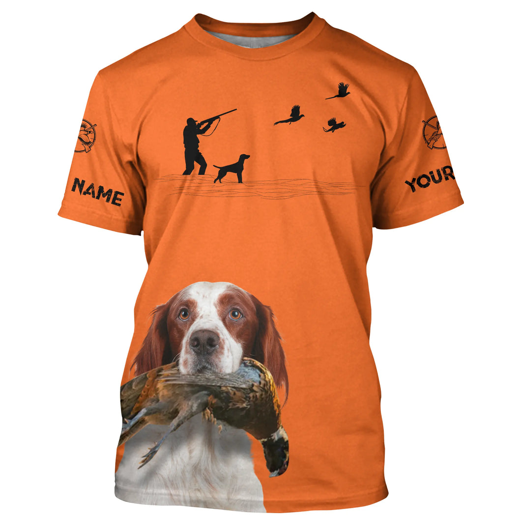 Irish Red & White Setter Dog Pheasant Hunting Custom name Orange Shirts for Upland hunters FSD3956