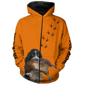 English Springer Spaniel Dog Pheasant Hunting Blaze Orange custom Name Hunting Hoodie, T-shirt FSD3969