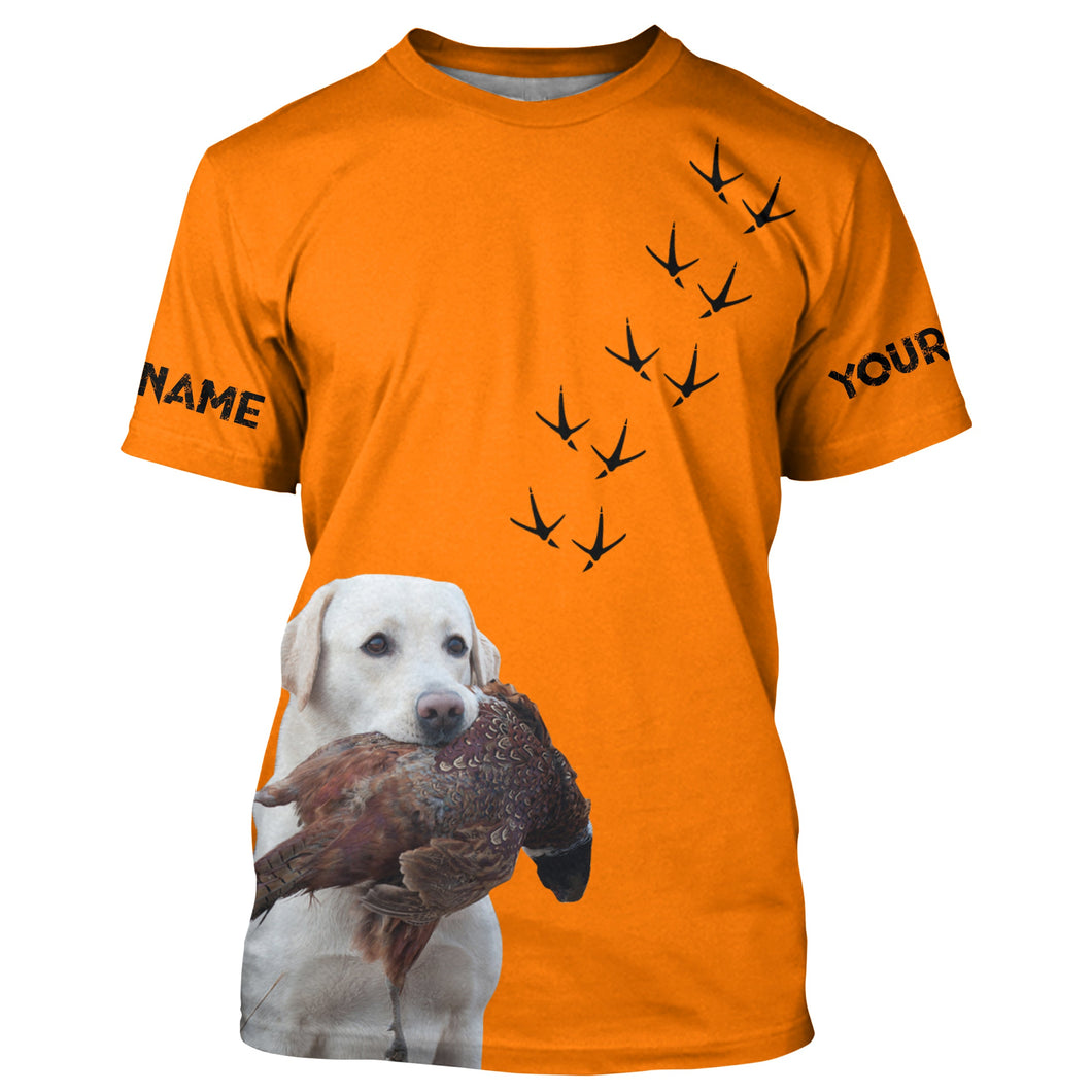 White Labs Dog Pheasant Hunting Blaze Orange custom Name Hunting Hoodie, T-shirt FSD3971