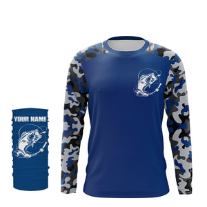 Custom Name Bass Fishing Camouflage Blue Performance Fishing Shirt, Bass Fishing Jerseys FSD2640