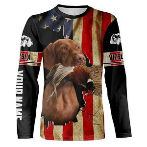 Vizsla Bird Dog Pheasant hunting American flag Custom Name Shirts, gifts for hunting dog owners FSD3801