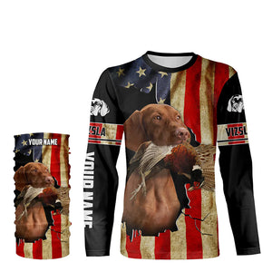 Vizsla Bird Dog Pheasant hunting American flag Custom Name Shirts, gifts for hunting dog owners FSD3801