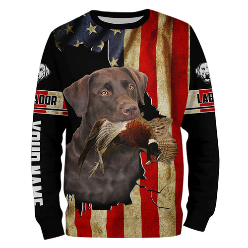 Bird Dog Labs Chocolate Labrador Pheasant hunting American flag Custom Name Shirts, Hoodie FSD3803