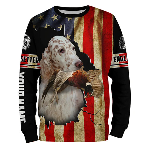 English Setter bird Dog Pheasant hunting American flag Customized Name Shirts, Hoodie FSD3807