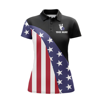 American Flag Bowling Shirt for Women Custom Bowling Jersey Funny Patriot Ladies League Polo Shirt NBP150
