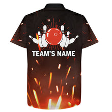 Load image into Gallery viewer, Personalized Hawaiian Bowling Shirt Flame Bowling Ball and Pins Short Sleeve Team Bowlers Jersey NBH06