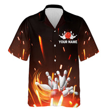 Load image into Gallery viewer, Personalized Hawaiian Bowling Shirt Flame Bowling Ball and Pins Short Sleeve Team Bowlers Jersey NBH06