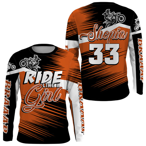 Ride Like A Girl Motocross Jersey Personalized UPF30+ Orange Dirt Bike Riding Shirt Women Girls NMS1449