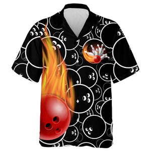 Personalized Flame Hawaiian Bowling Shirt, Men Women Skull Pins Black Bowlers Short Sleeve Jersey NBH02