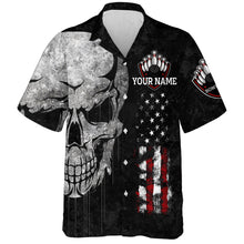 Load image into Gallery viewer, Men Women Skull Hawaiian Bowling Shirt, Patriotic Custom Name Black Bowlers Jersey American Flag NBH93