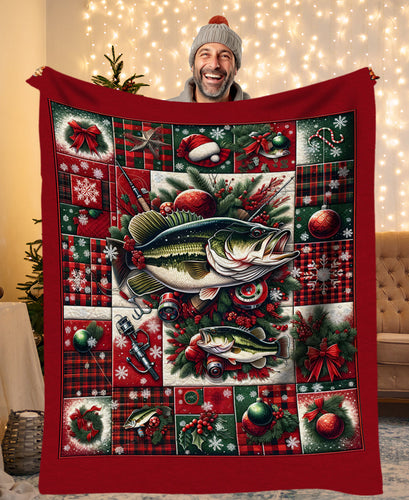 Christmas Largemouth Bass Fishing Fleece Blanket, Christmas Bass Fishing Gifts For Fisherman IPHW5670