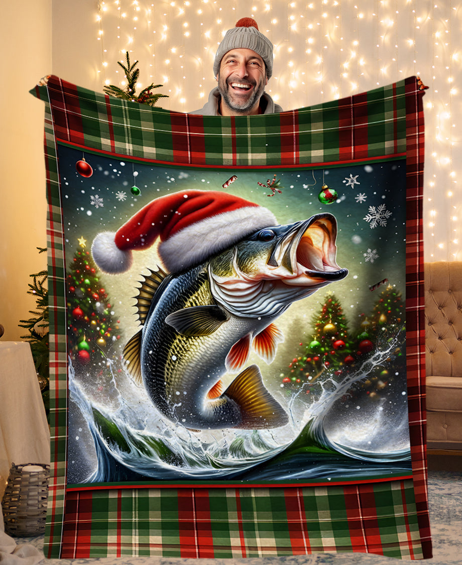 Christmas Largemouth Bass Fishing Blanket, Christmas Plaid Bass Fishing Gifts IPHW5678