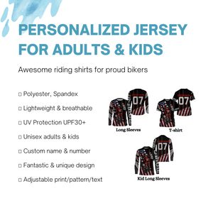 Personalized Motocross Jersey UPF30+, American Flag Dirt Bike Racing Shirt, Off-Road Rider Racewear| NMS400