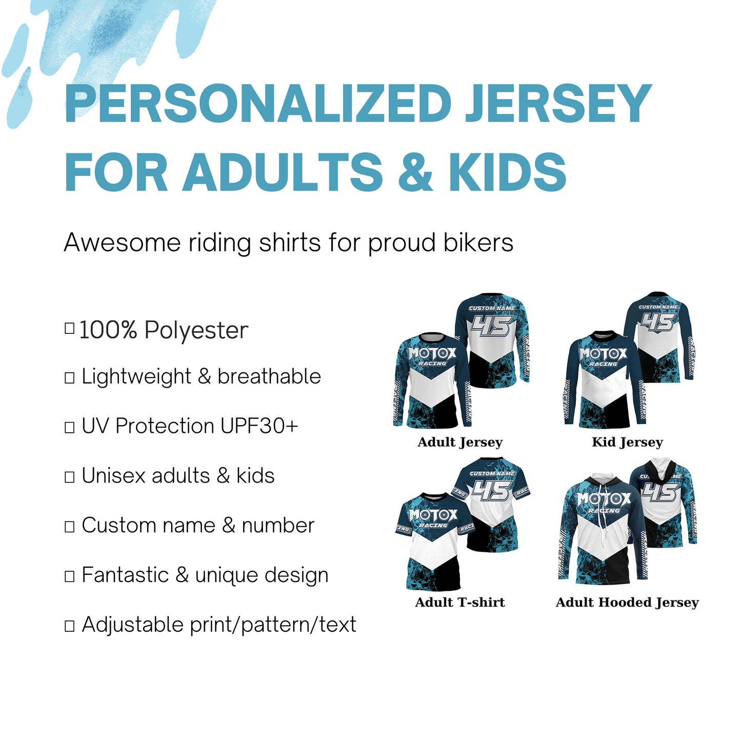 Kids men women custom motocross jersey UPF30+ blue MotoX racing off-road dirt bike riding shirt PDT114