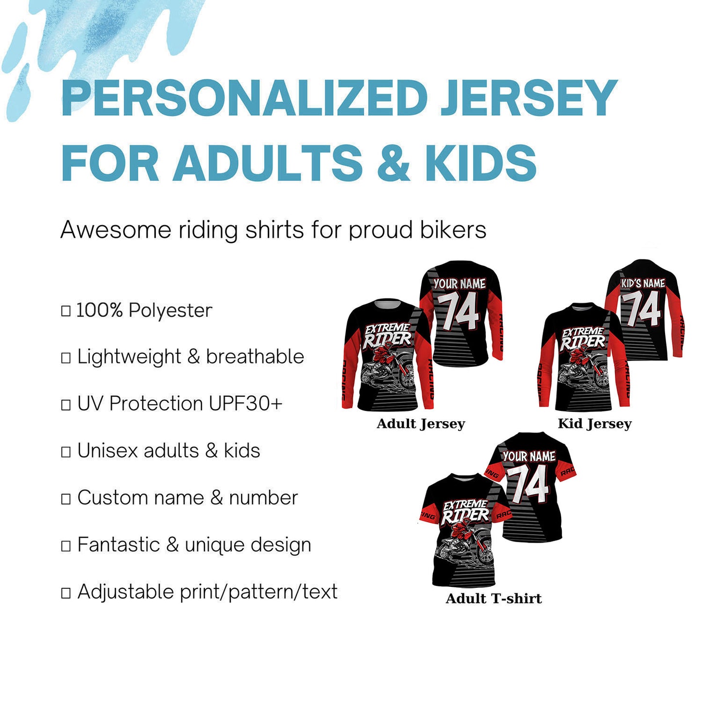 Dirt bike riding jersey custom youth adult UPF30+ Motocross off-road extreme long sleeves PDT211