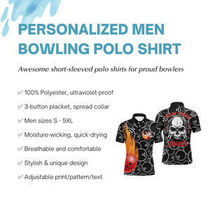 Personalized Men Flame Polo Bowling Shirt Cool Skull Pins Black Bowling Short Sleeve Men Bowlers NBP02