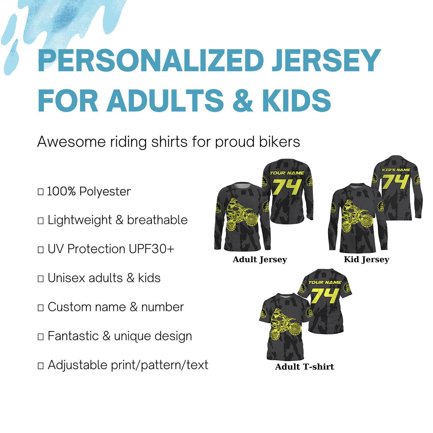 Custom number&name dirt bike racing jerseys black motocross youth men women UV offroad long sleeve PDT164