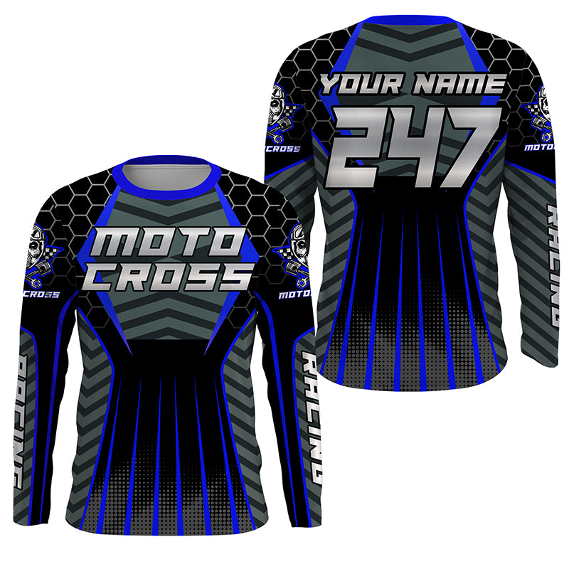 Personalized blue Motocross jersey men women kid racing UPF30+ dirt bike offroad motorcycle shirt PDT302