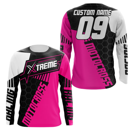 Extreme Motocross Jersey Personalized UPF30+ Racing Shirt Dirt Bike Off-road Biker Motorcycle - Pink NMS631