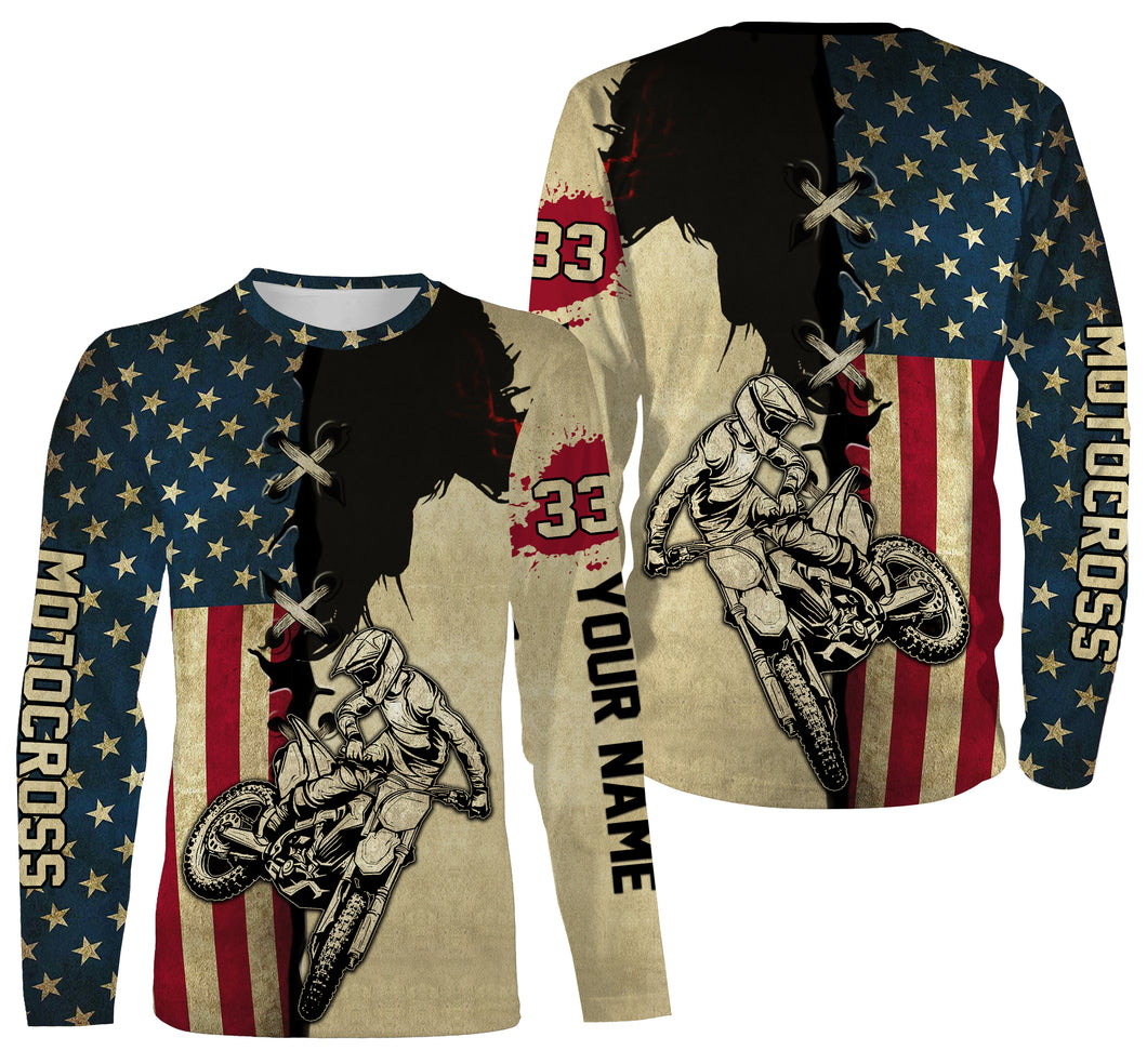 Personalized Motocross Racing Jersey American Flag Over Printed Hoodie, MotoX Dirt Bike Motorcycle| NMS273