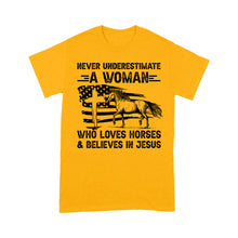 Load image into Gallery viewer, Never underestimate a woman who loves horses and believes in Jesus, horse gifts for girls D03 NQS2680  - Standard T-Shirt