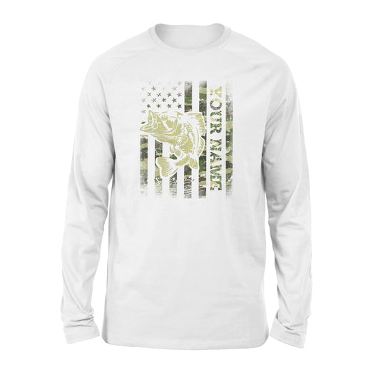 Largemouth bass fishing American flag green camo custom name fishing shirts D05 NQS1428  - Standard Long Sleeve
