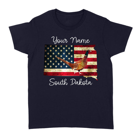Pheasant hunting shirt South Dakota American Flag bird hunter custom name T-shirt - FSD1162 D06