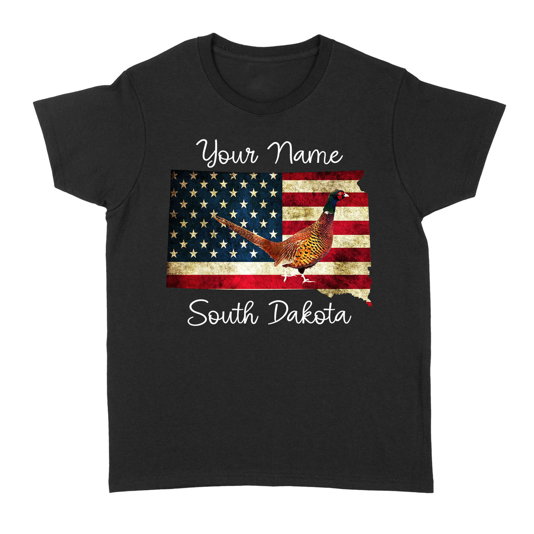 Pheasant hunting shirt South Dakota American Flag bird hunter custom name T-shirt - FSD1162 D06